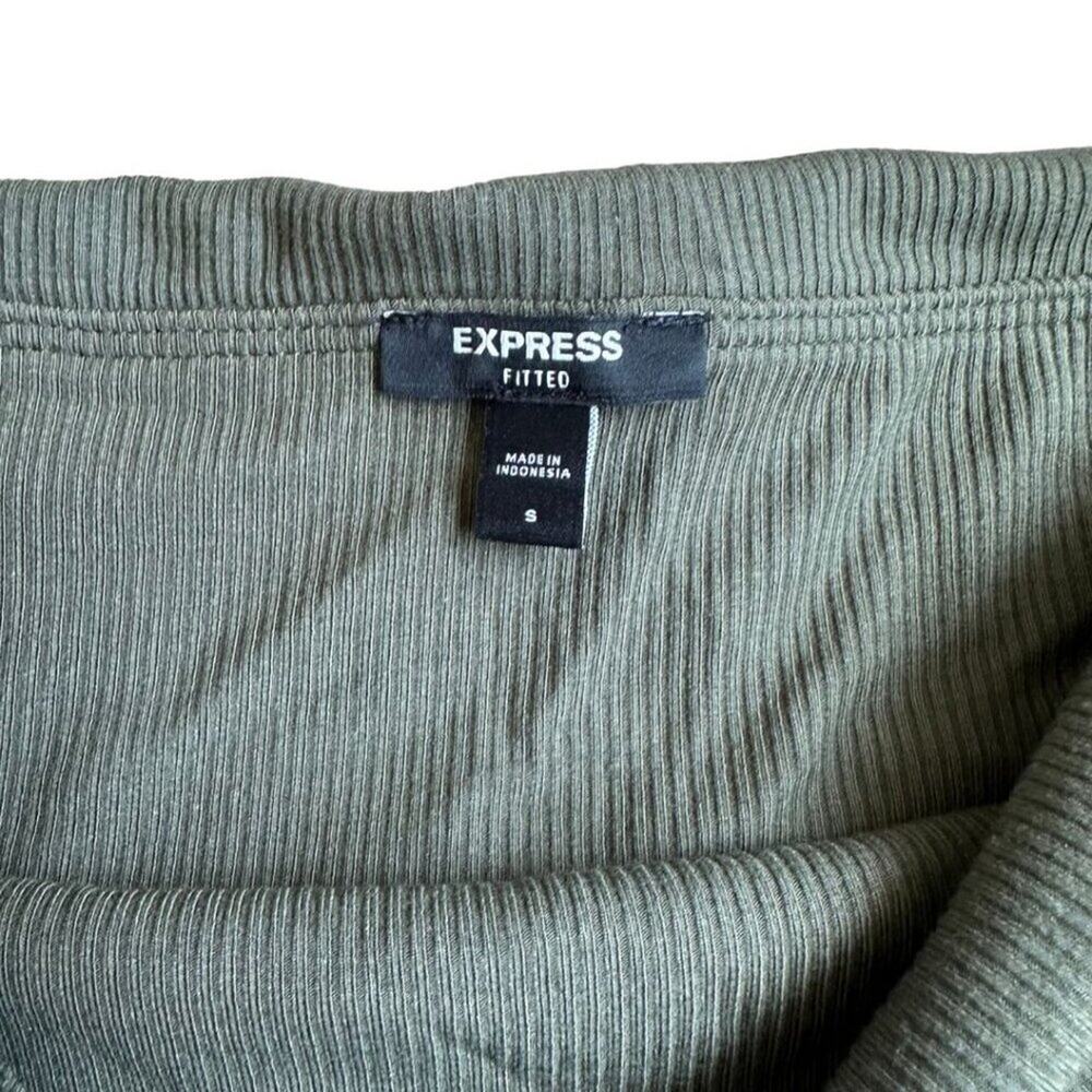 Express Fitted Ribbed Off The Shoulder Overlay Top Olive Green S - Picture 3 of 6